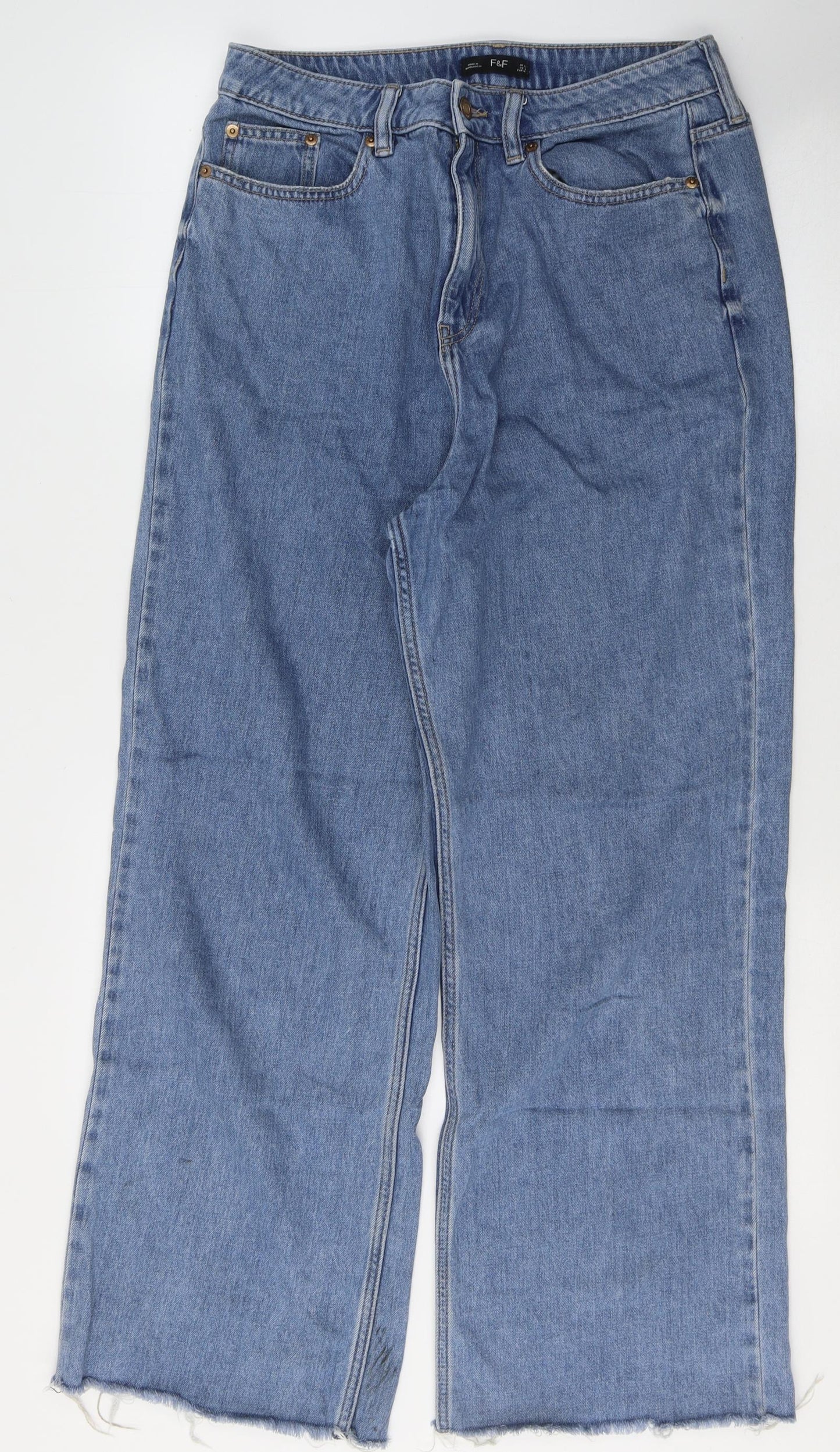 F&F Womens Blue  Cotton Wide-Leg Jeans Size 12 L29 in Regular Button