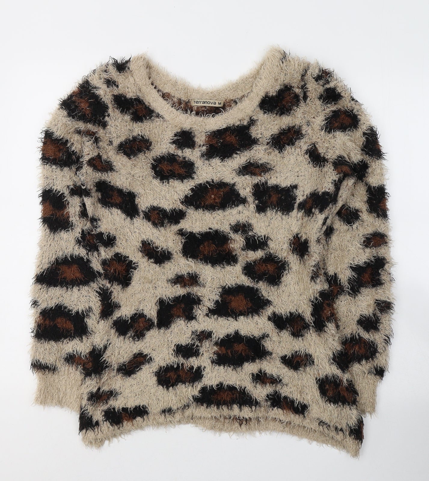 Terranova Womens Beige Round Neck Animal Print Polyester Pullover Jumper Size M