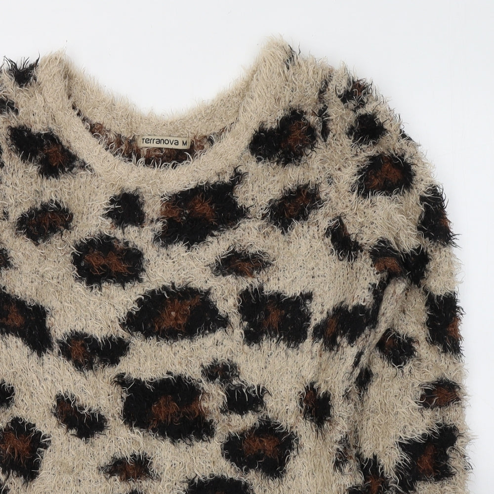 Terranova Womens Beige Round Neck Animal Print Polyester Pullover Jumper Size M