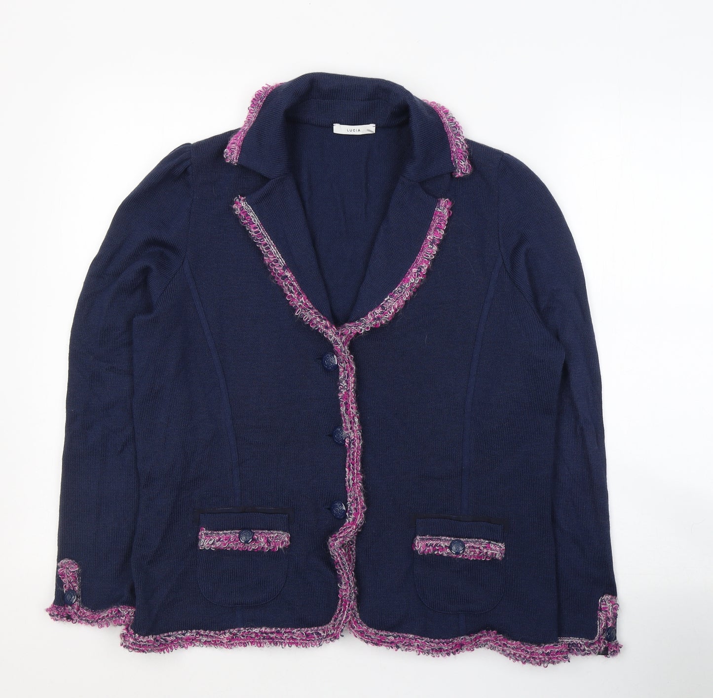 LUCIA Womens Blue V-Neck  Wool Cardigan Jumper Size 16