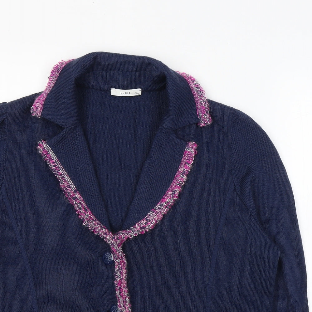 LUCIA Womens Blue V-Neck  Wool Cardigan Jumper Size 16