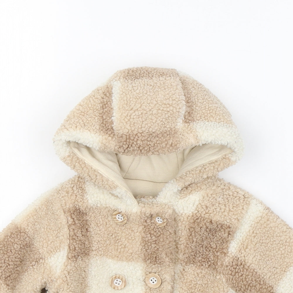 Nutmeg Girls Beige Check  Pea Coat Coat Size 6-9 Months   Button