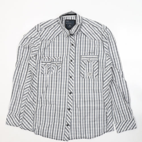 NEXT Mens White Striped Cotton  Button-Up Size XL Collared Button