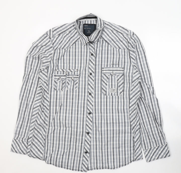 NEXT Mens White Striped Cotton  Button-Up Size XL Collared Button