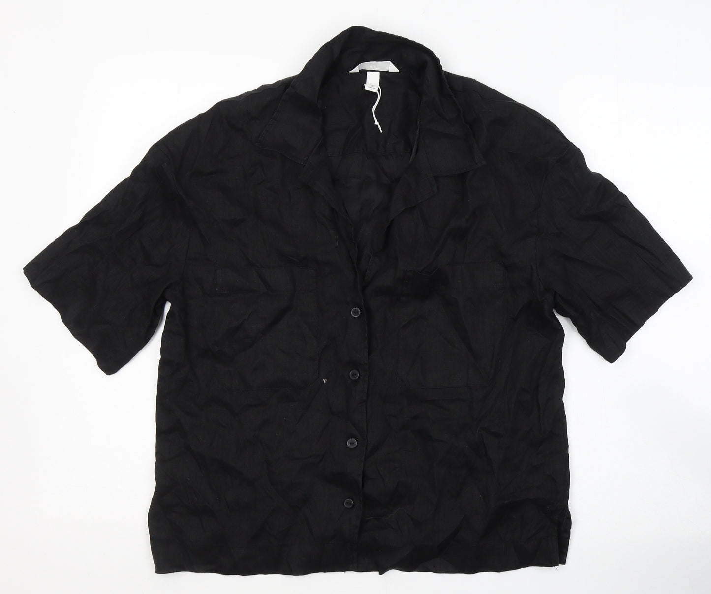 H&M Womens Black  Linen Basic Button-Up Size S V-Neck