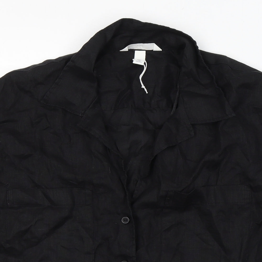 H&M Womens Black  Linen Basic Button-Up Size S V-Neck