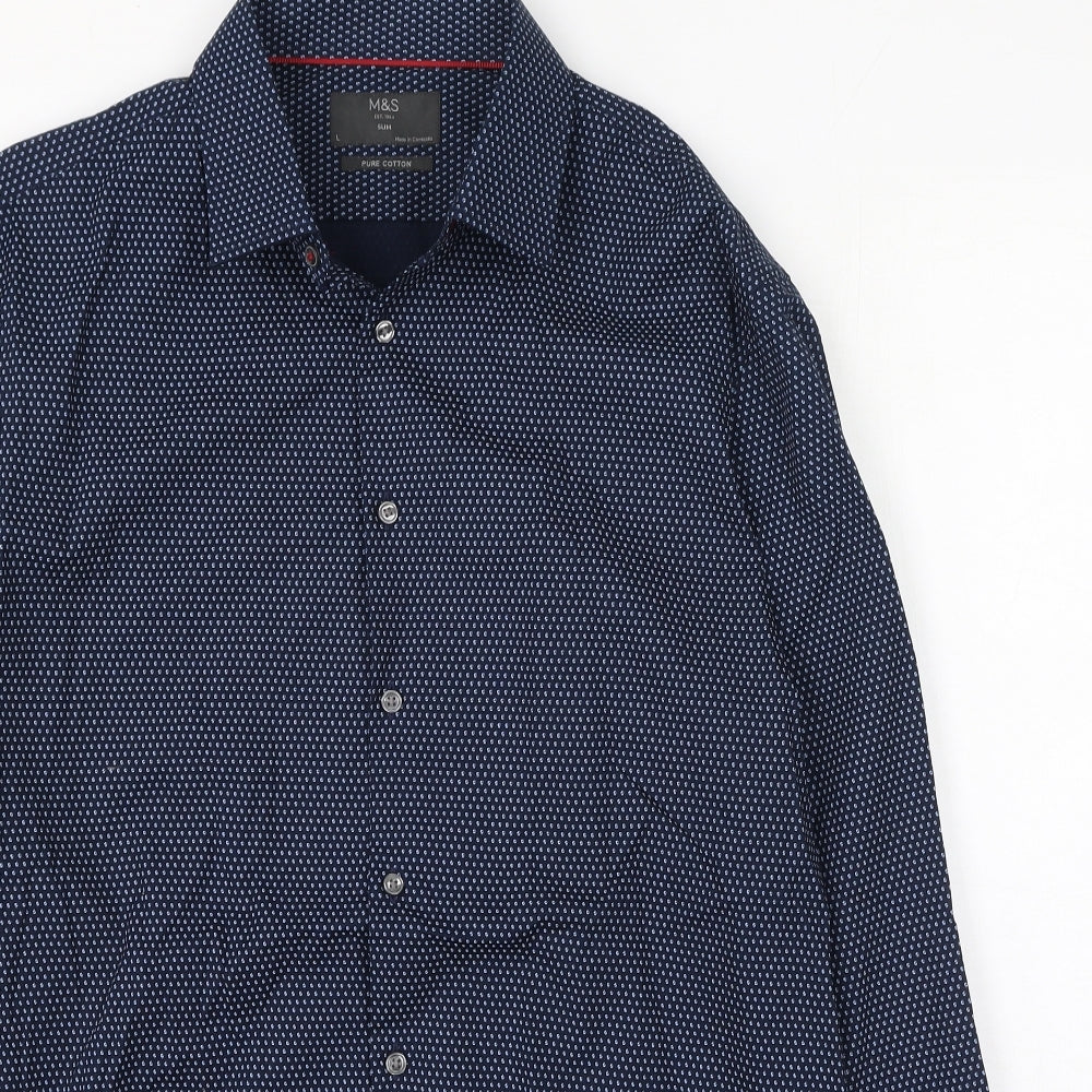 Marks and Spencer Mens Blue Spotted Cotton  Polo Size L Collared