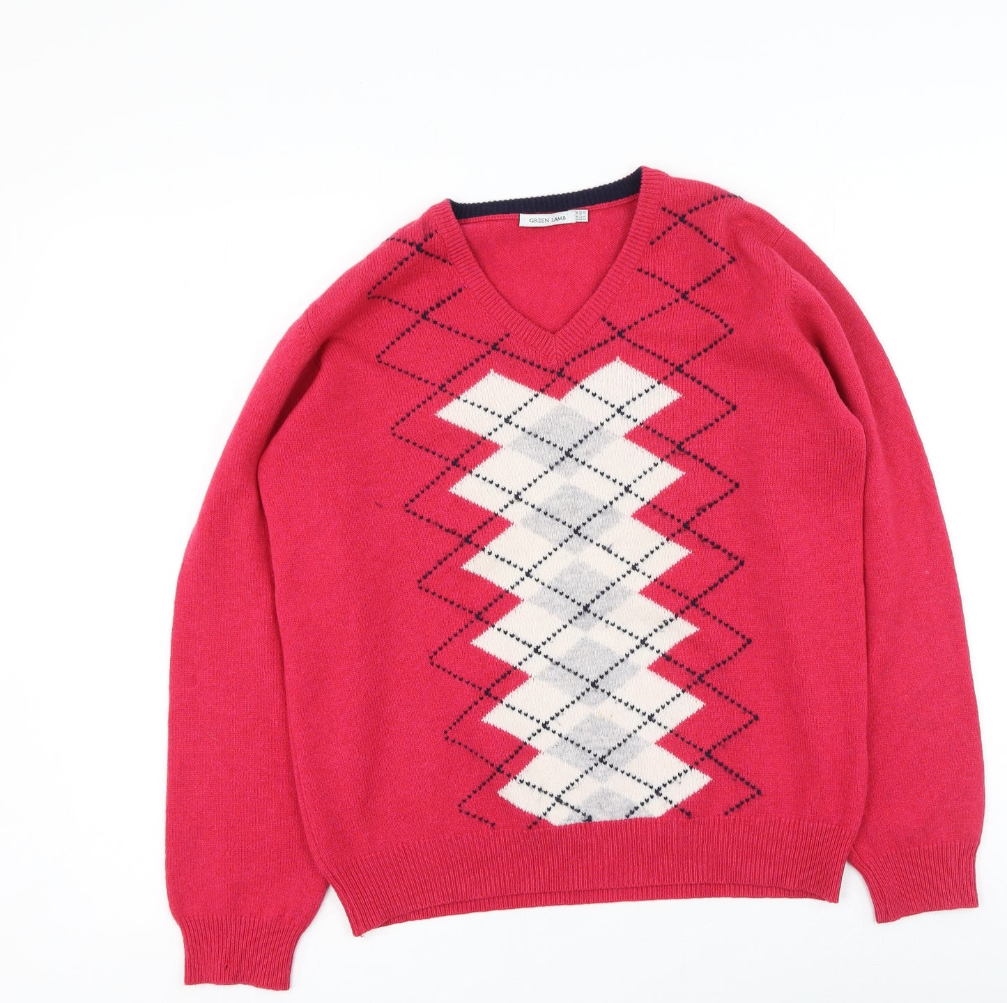 Green Lamb  Womens Pink Round Neck Geometric Wool Pullover Jumper Size 14