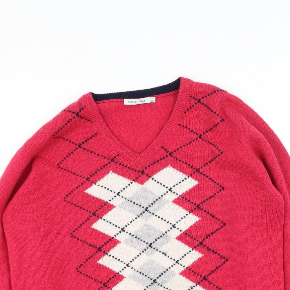 Green Lamb  Womens Pink Round Neck Geometric Wool Pullover Jumper Size 14