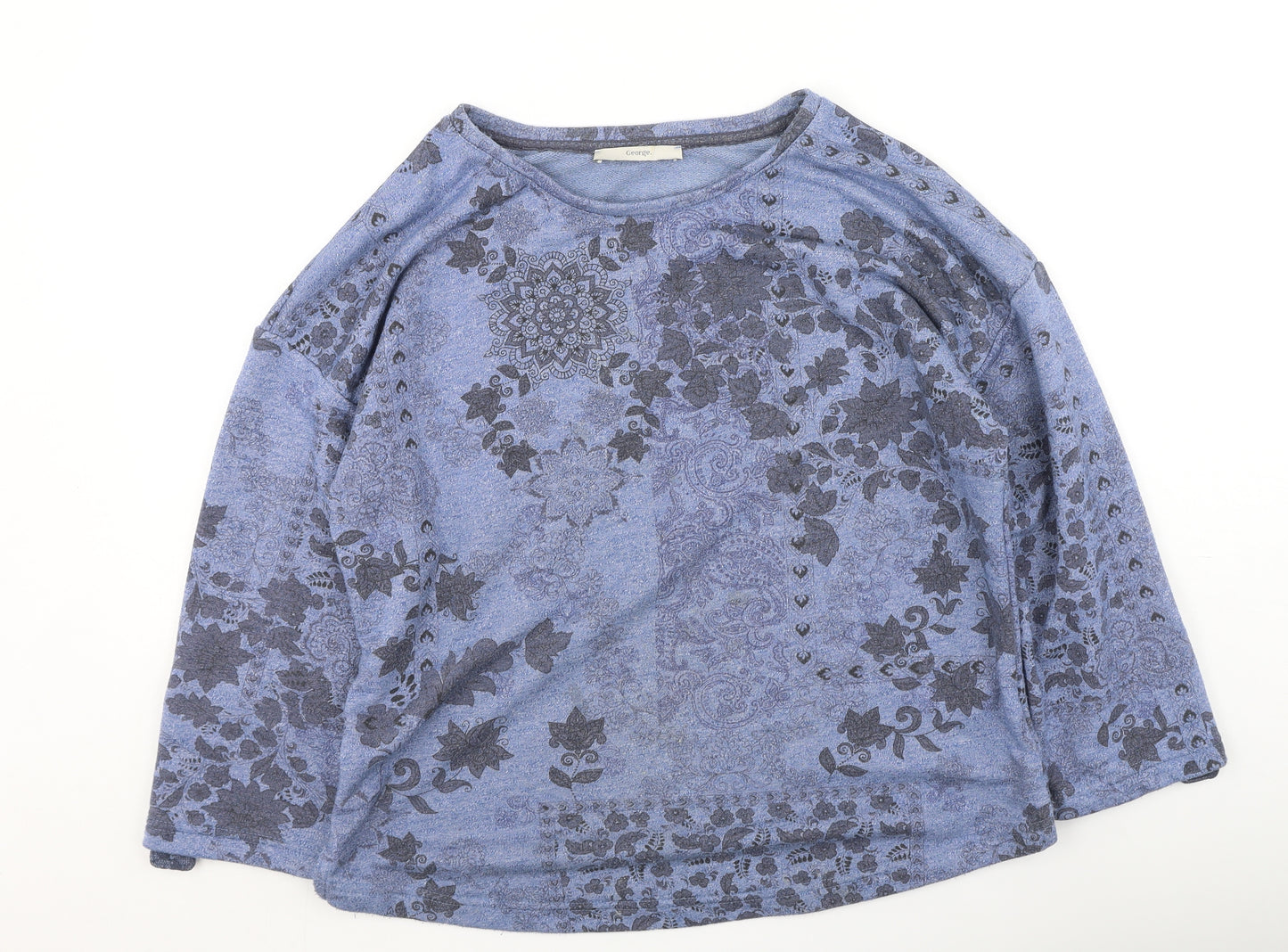 George Womens Blue Floral Polyester Basic T-Shirt Size 14 Round Neck