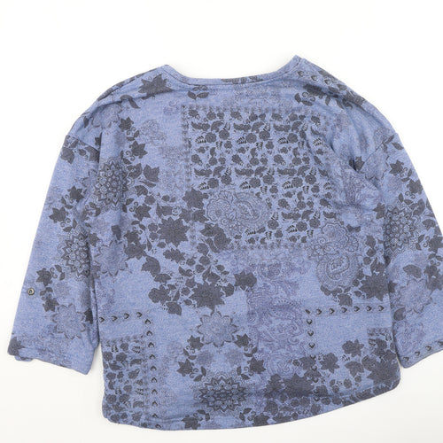 George Womens Blue Floral Polyester Basic T-Shirt Size 14 Round Neck