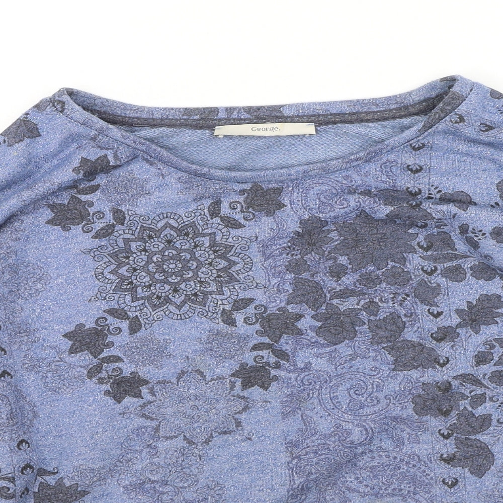 George Womens Blue Floral Polyester Basic T-Shirt Size 14 Round Neck
