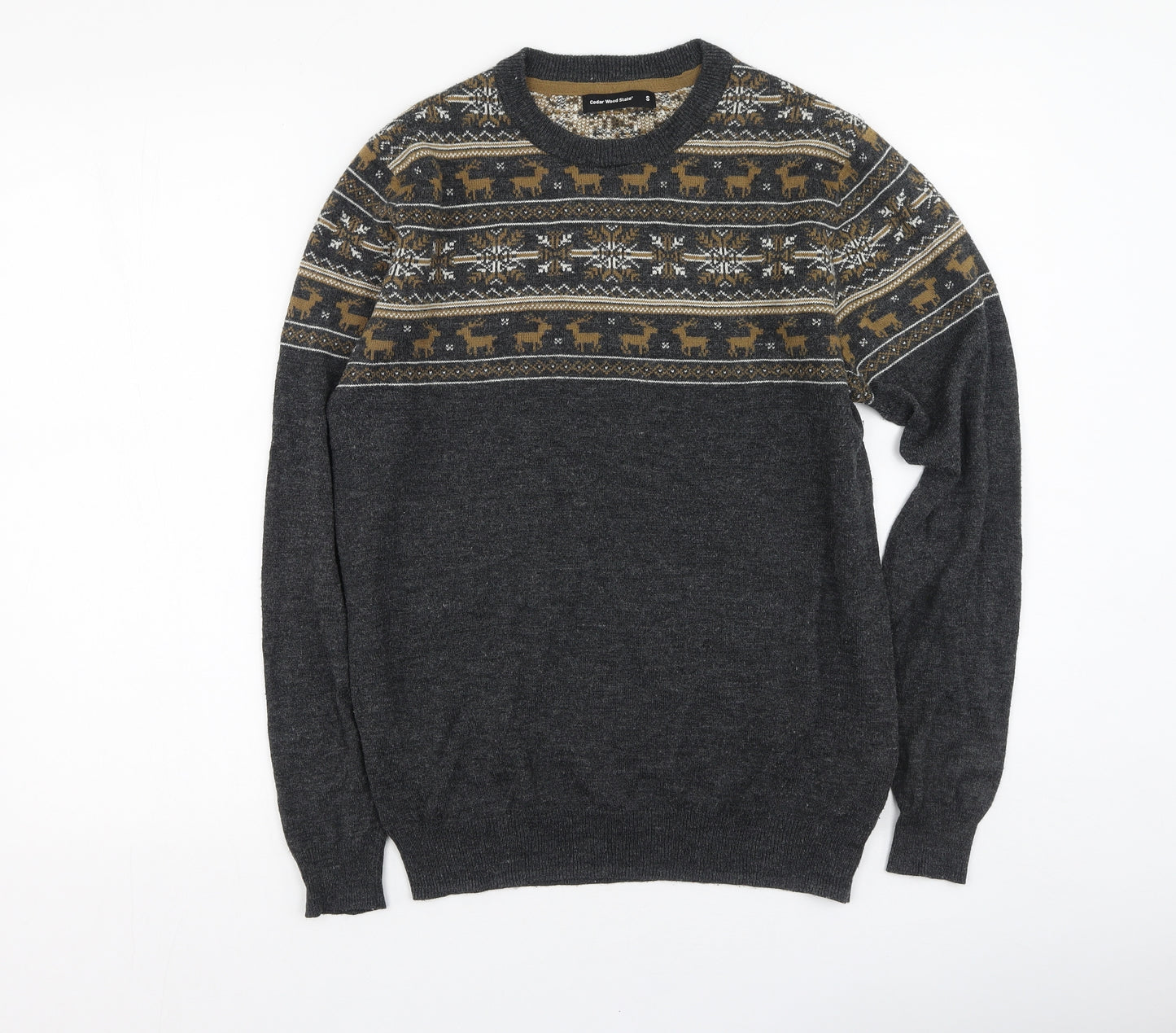 Cedar Wood State Mens Grey Round Neck Geometric Acrylic Pullover Jumper Size S