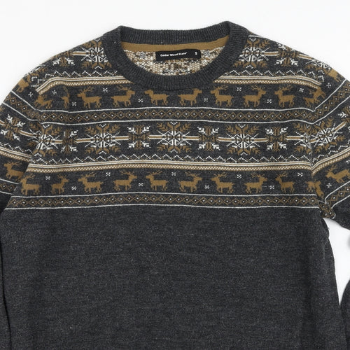 Cedar Wood State Mens Grey Round Neck Geometric Acrylic Pullover Jumper Size S