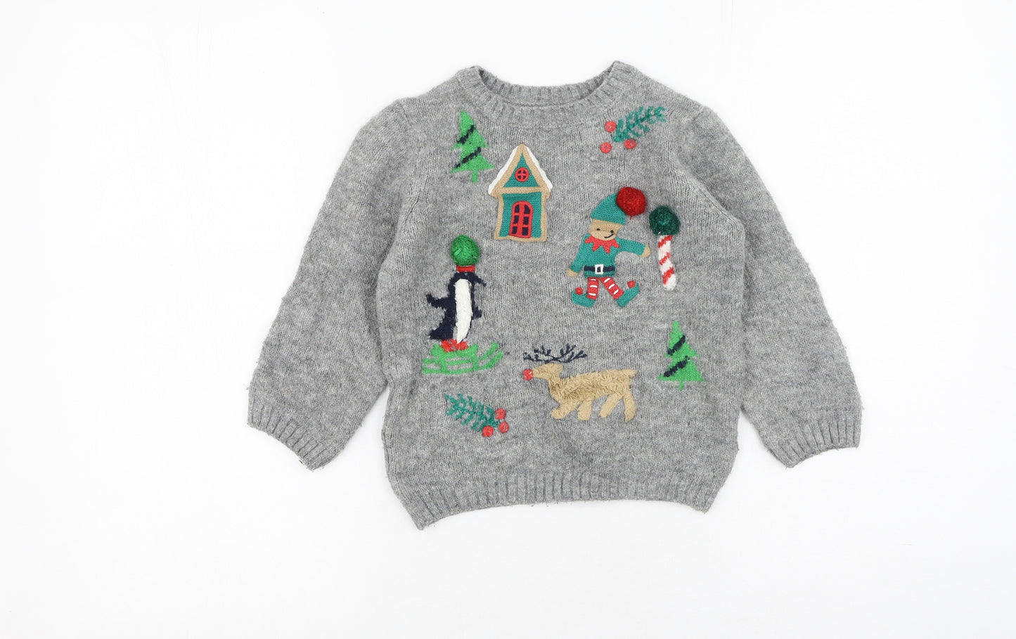 Marks and Spencer Boys Grey Round Neck  Acrylic Pullover Jumper Size 3-4 Years   - Christmas Jumper