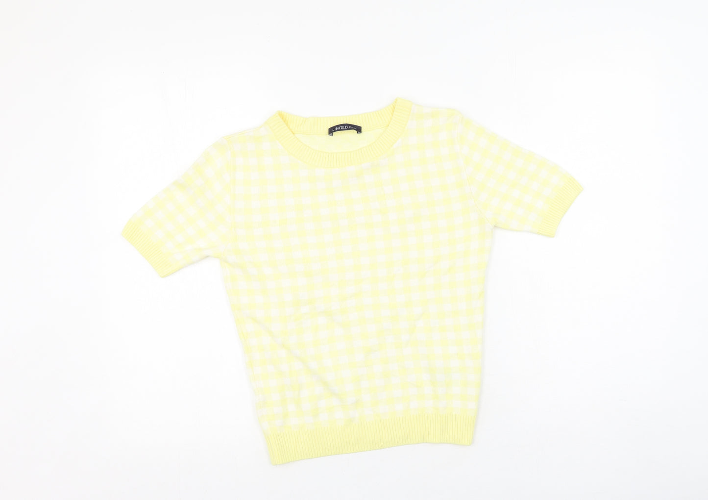 Marks and Spencer Womens Yellow Plaid Viscose Basic T-Shirt Size 8 Round Neck