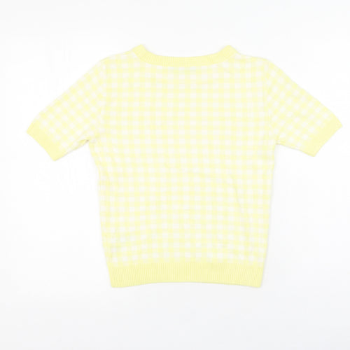 Marks and Spencer Womens Yellow Plaid Viscose Basic T-Shirt Size 8 Round Neck