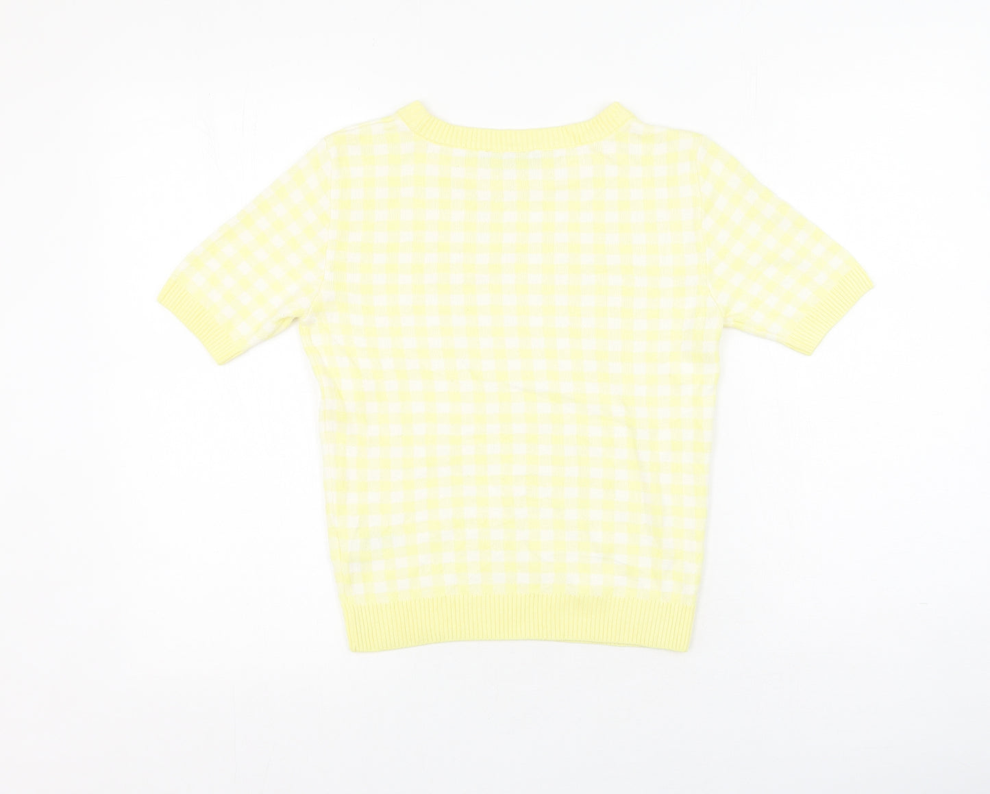 Marks and Spencer Womens Yellow Plaid Viscose Basic T-Shirt Size 8 Round Neck