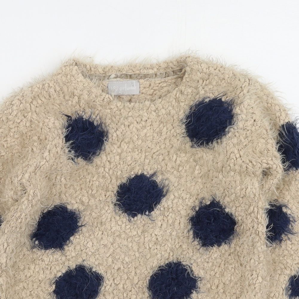Preworn Girls Brown Round Neck Spotted Polyester Pullover Jumper Size 6-7 Years