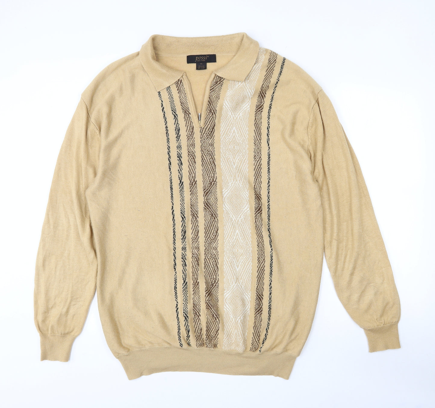 Possi Mens Brown Collared Striped Acrylic Pullover Jumper Size XL