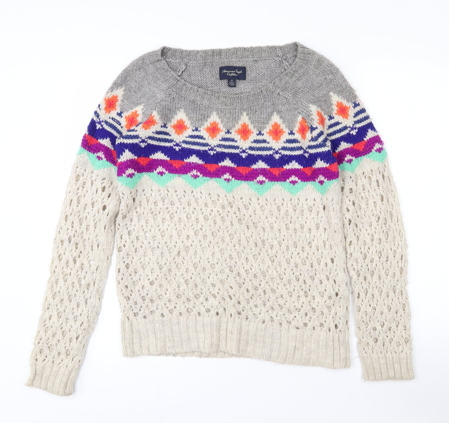American Eagle Outfitters Womens Multicoloured Round Neck Geometric Acrylic Pullover Jumper Size 10