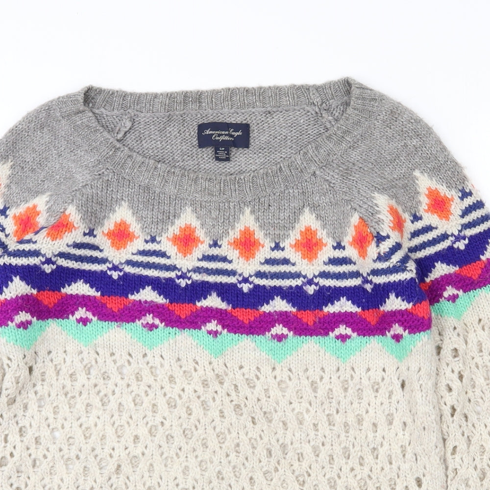 American Eagle Outfitters Womens Multicoloured Round Neck Geometric Acrylic Pullover Jumper Size 10