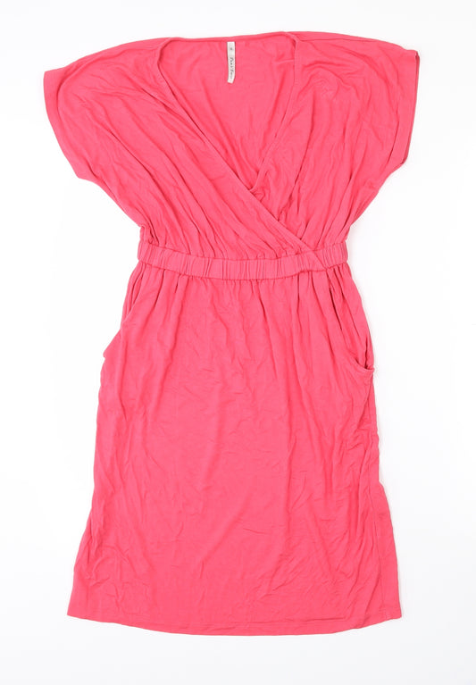 Front view of Part Two women’s pink viscose wrap dress, size XS, v-neck