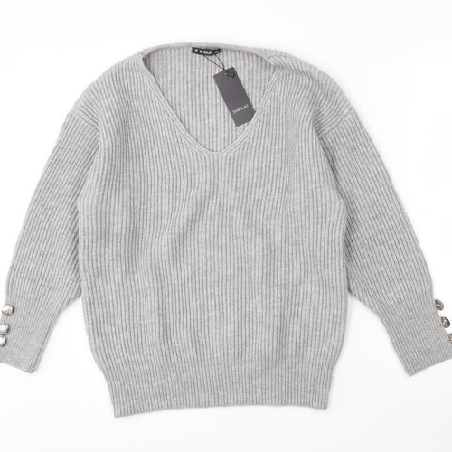 Sheilay Womens Grey V-Neck  Acrylic Pullover Jumper Size 8