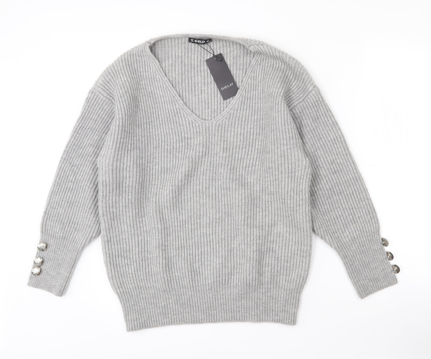 Sheilay Womens Grey V-Neck  Acrylic Pullover Jumper Size 8