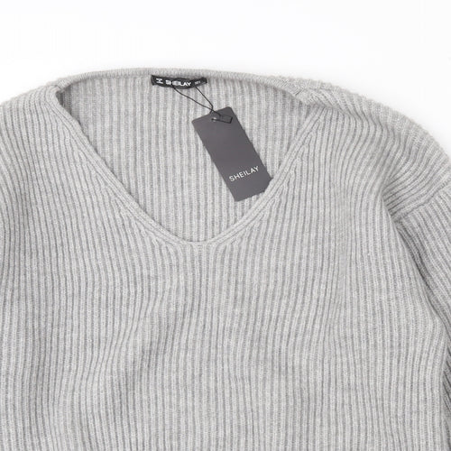 Sheilay Womens Grey V-Neck  Acrylic Pullover Jumper Size 8