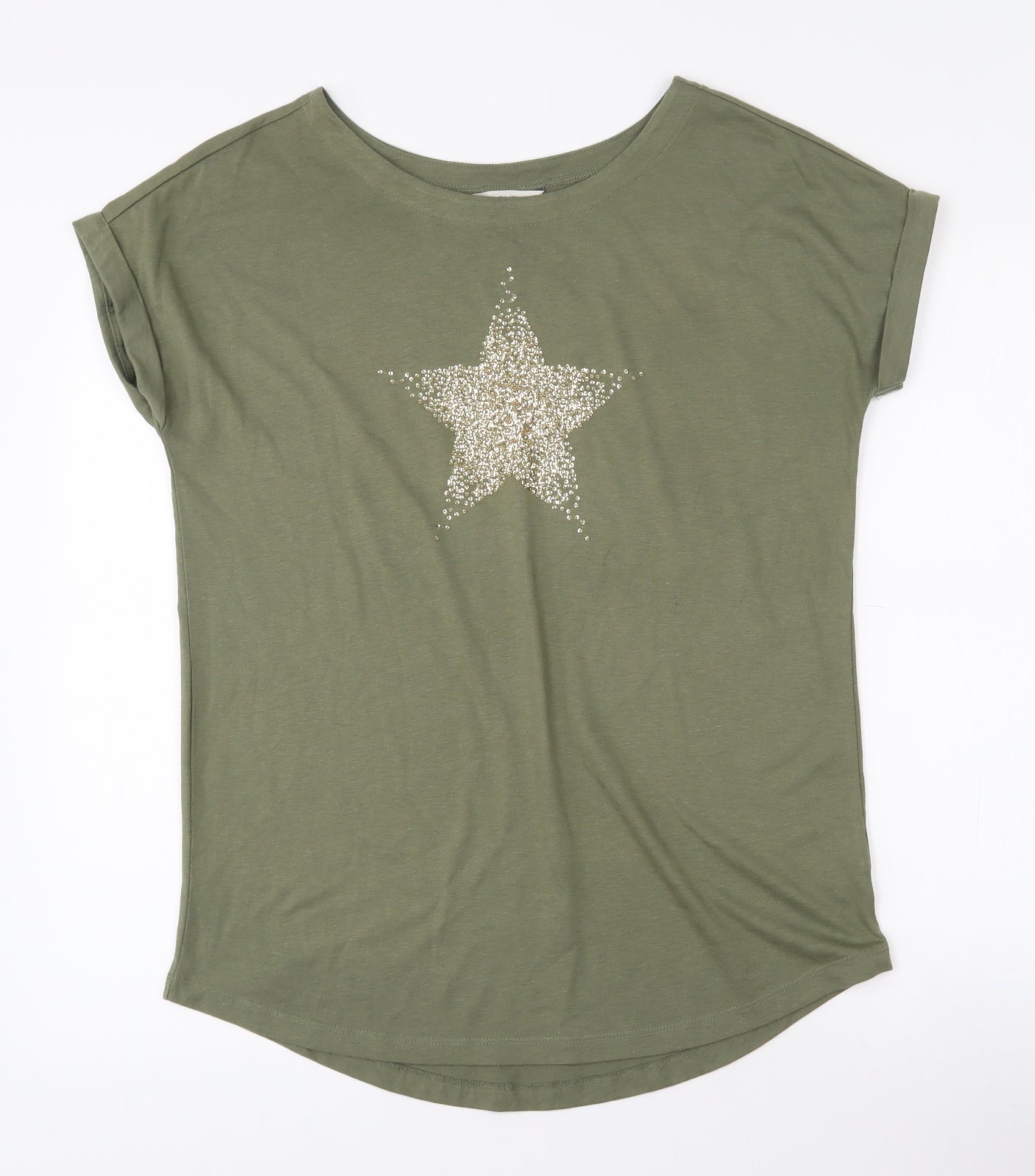 NEXT Womens Green  Cotton Basic T-Shirt Size 10 Round Neck - Star Sequin