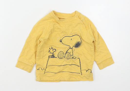 Front view of George boys’ yellow cotton jumper, size 6-9, months - peanuts