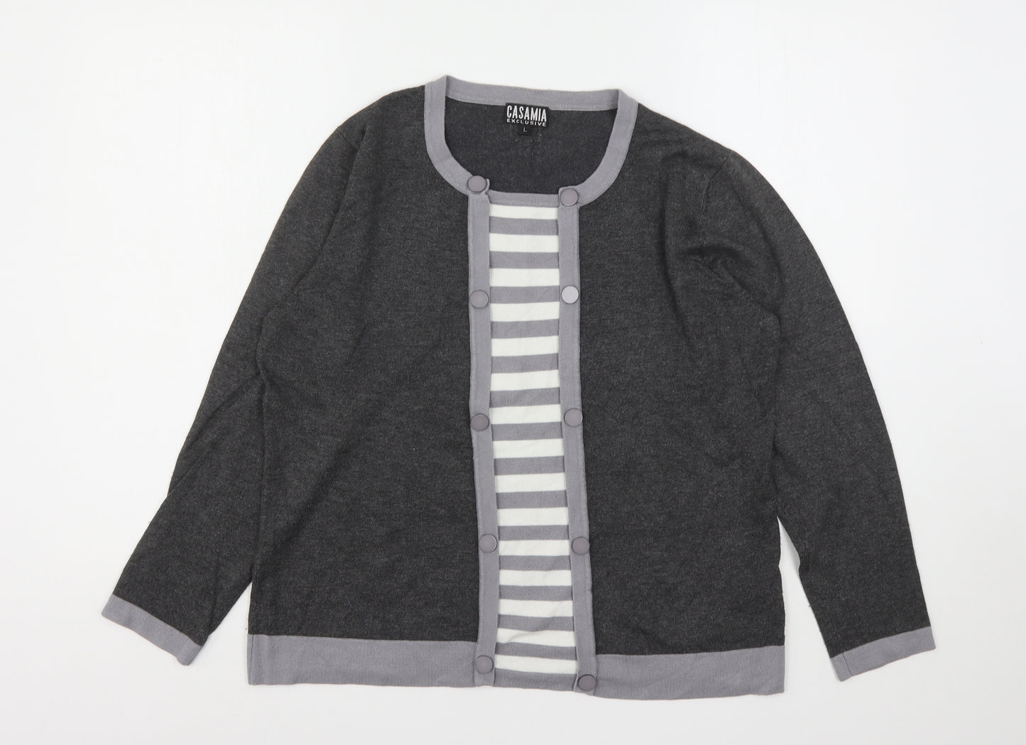 Casamia Womens Grey Round Neck Striped Viscose Pullover Jumper Size L
