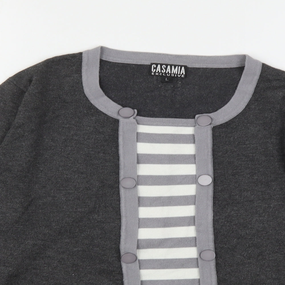 Casamia Womens Grey Round Neck Striped Viscose Pullover Jumper Size L