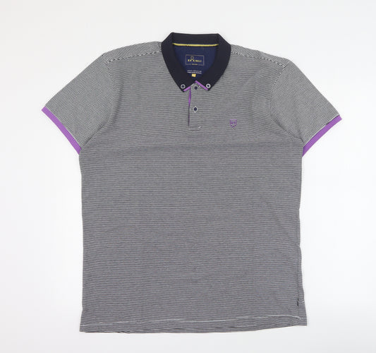 Front view of XV Kings men’s black striped cotton polo, size XL, collared button