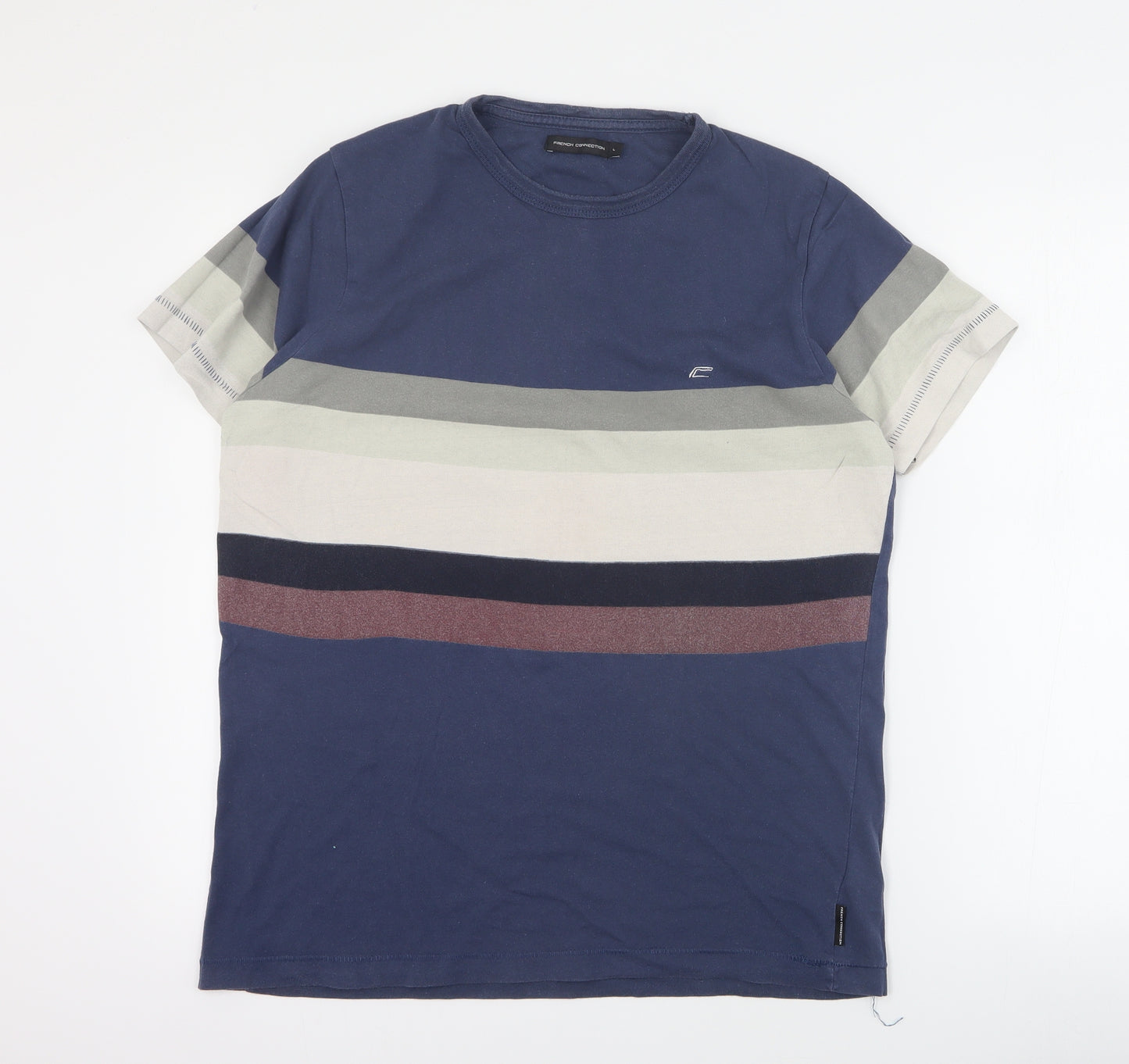 French Connection Mens Blue Striped Cotton  T-Shirt Size L Crew Neck