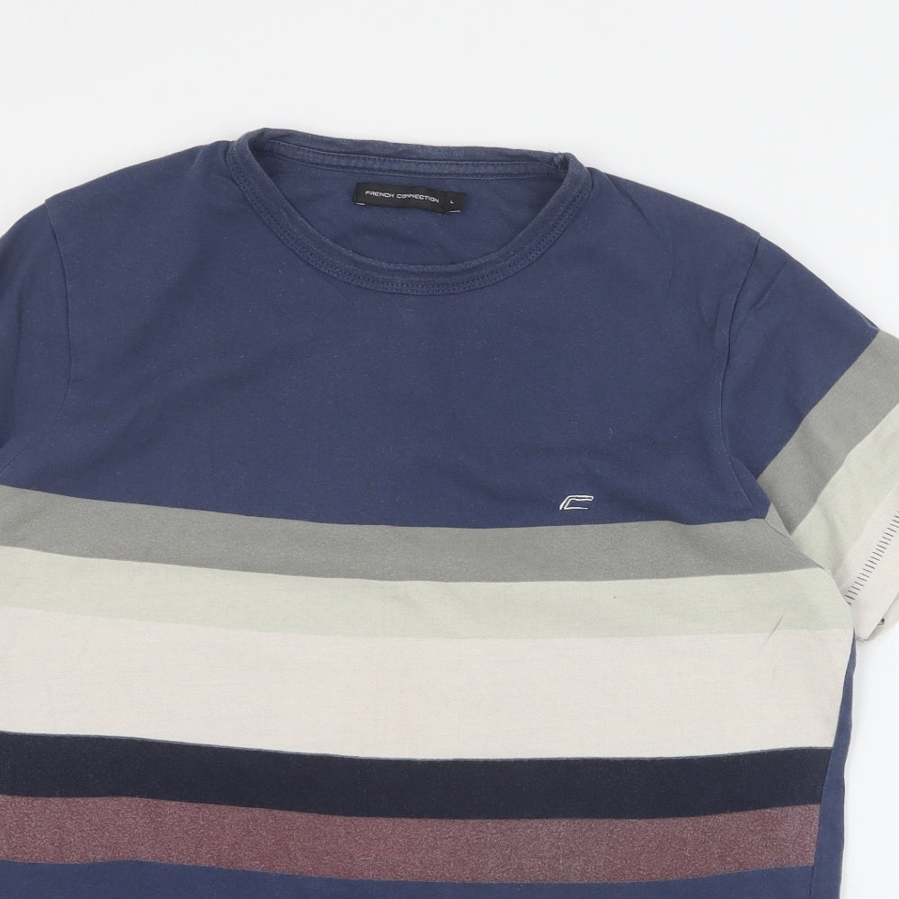 French Connection Mens Blue Striped Cotton  T-Shirt Size L Crew Neck