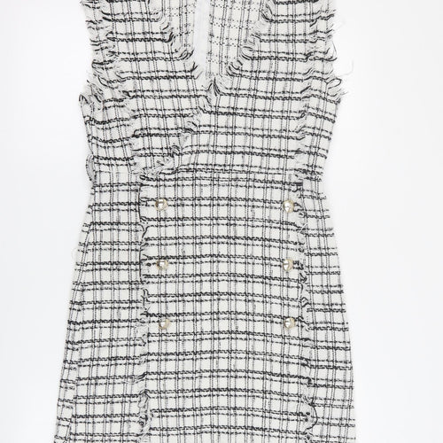 SheIn Womens White Plaid Polyester Mini  Size M  V-Neck Zip