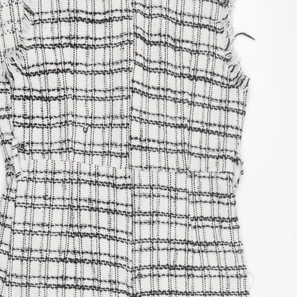 SheIn Womens White Plaid Polyester Mini  Size M  V-Neck Zip