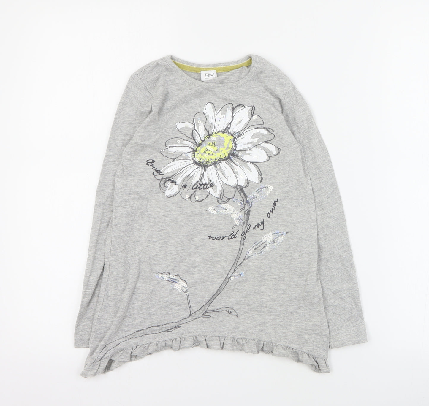 F&F Girls Grey  Cotton Basic T-Shirt Size 7-8 Years Crew Neck Pullover