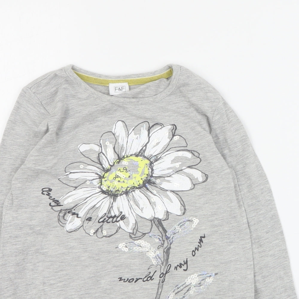 F&F Girls Grey  Cotton Basic T-Shirt Size 7-8 Years Crew Neck Pullover