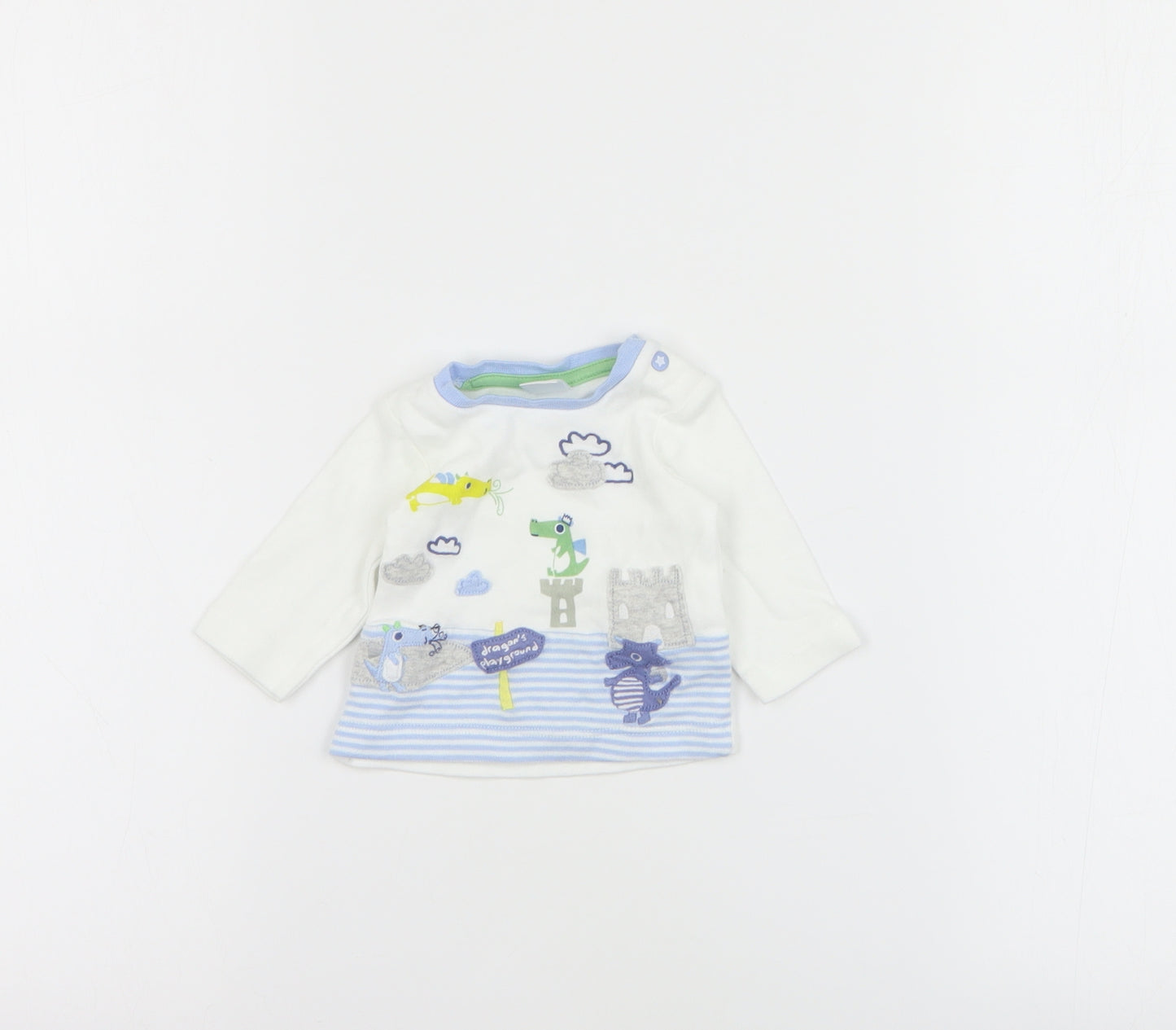 Mini Club  Baby White  Cotton Basic T-Shirt Size 0-3 Months Crew Neck Snap - Dragon