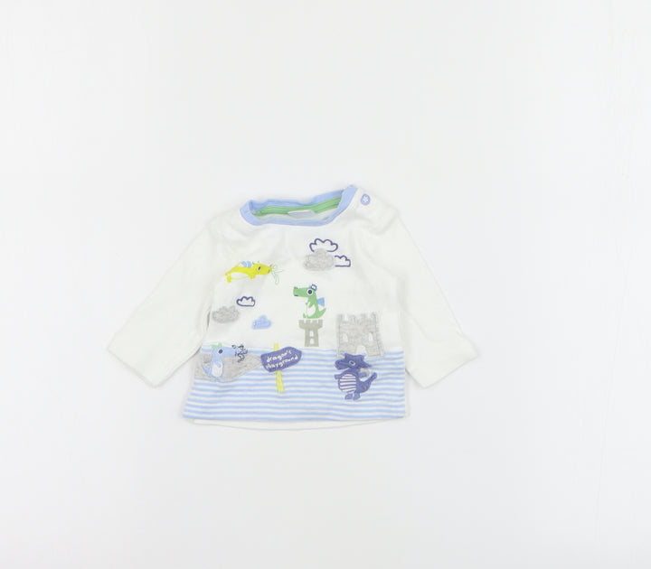 Mini Club Baby White Cotton Basic T-Shirt Size 0-3 Months Crew Neck Snap - Dragon