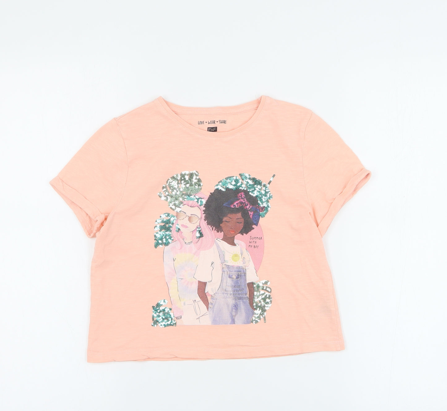 F&F Girls Orange  100% Cotton Basic T-Shirt Size 9-10 Years Crew Neck Pullover