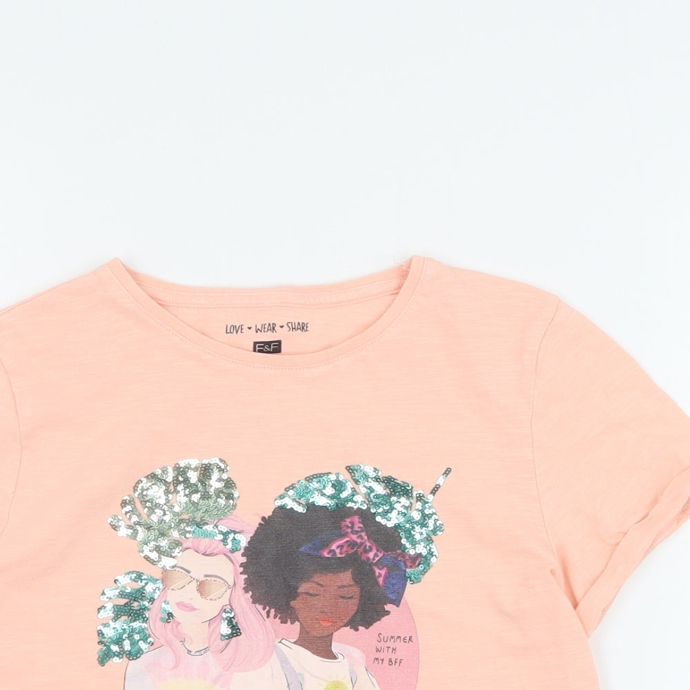 F&F Girls Orange  100% Cotton Basic T-Shirt Size 9-10 Years Crew Neck Pullover