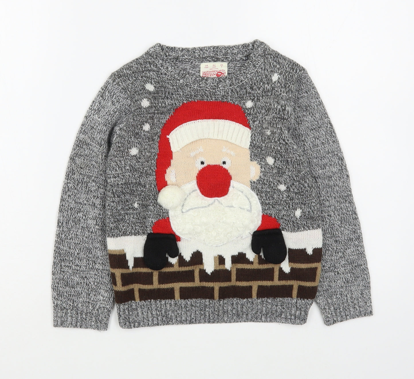 F&F Boys Grey Round Neck  Acrylic Pullover Jumper Size 5-6 Years  Pullover - Christmas