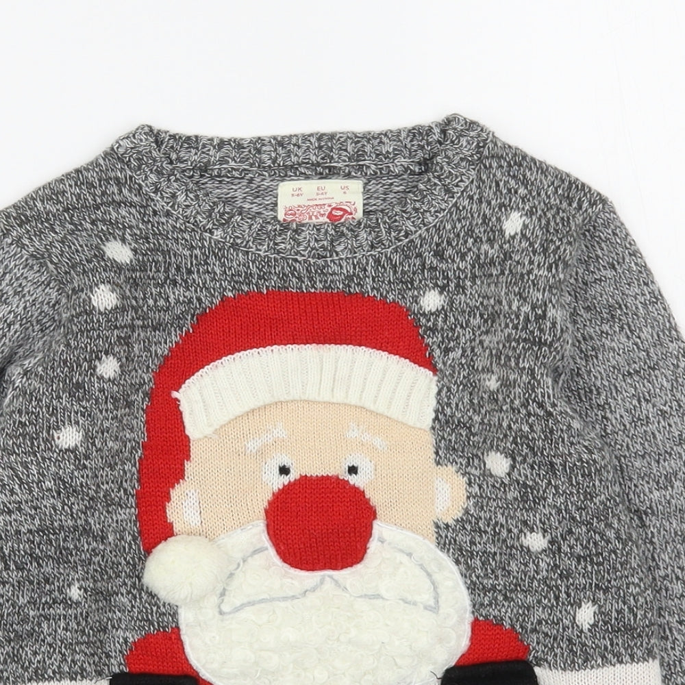 F&F Boys Grey Round Neck  Acrylic Pullover Jumper Size 5-6 Years  Pullover - Christmas