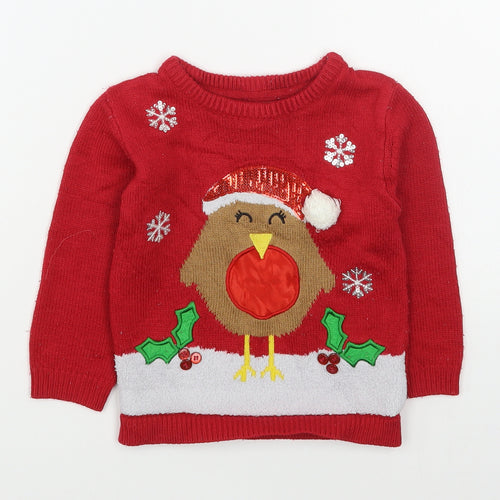 Primark Girls Red Round Neck  Acrylic Pullover Jumper Size 3-4 Years  Pullover - Cheristmas