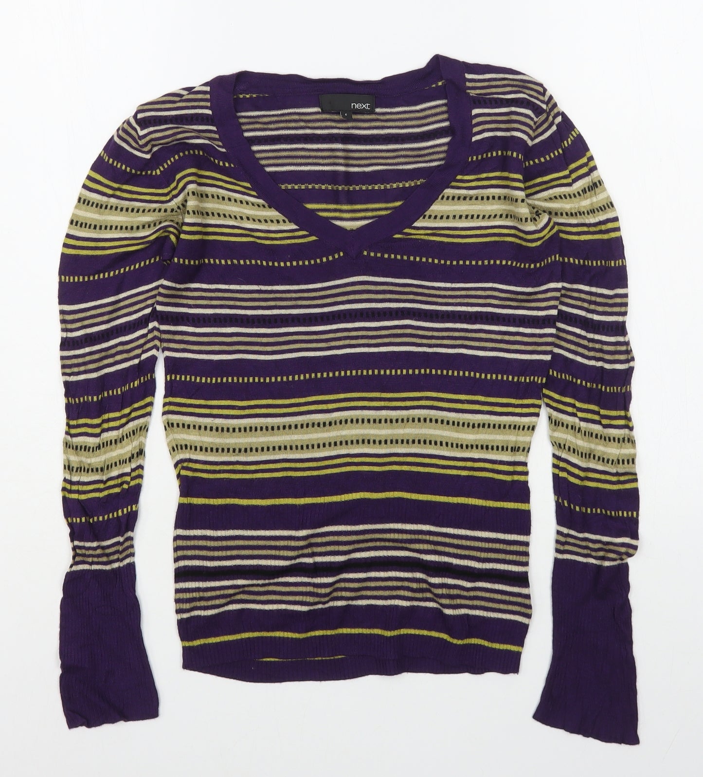 NEXT Womens Multicoloured V-Neck Striped Viscose Pullover Jumper Size 6