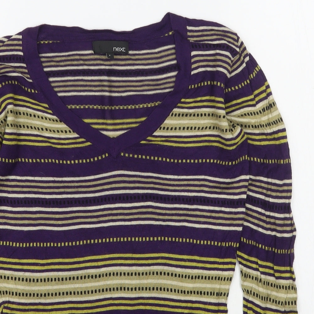 NEXT Womens Multicoloured V-Neck Striped Viscose Pullover Jumper Size 6
